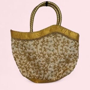 Vintage Gold Sequin & Beaded Embroidered Handbag with Rope Handles